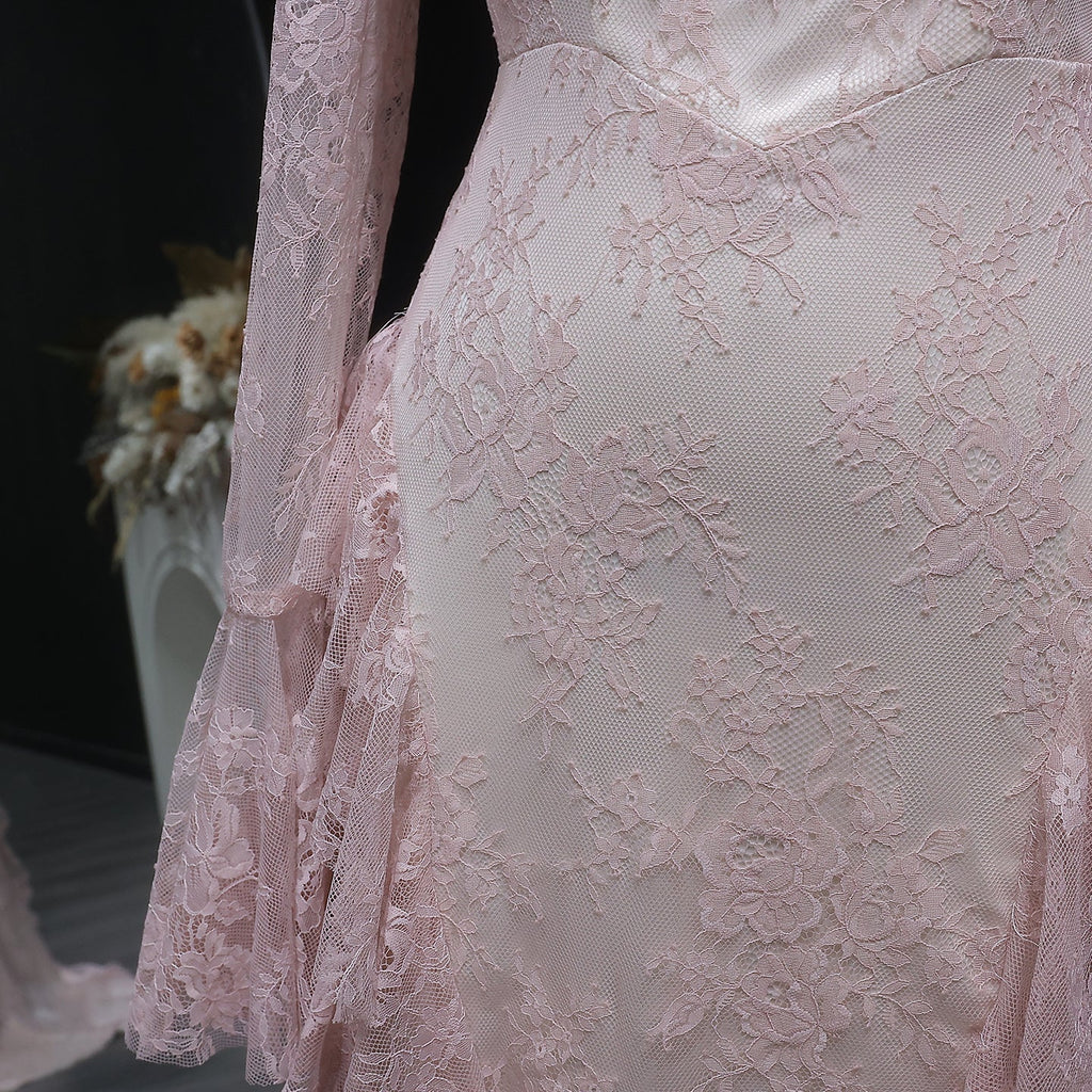 Elegant Pink Lace Long Sleeve Evening Dress with Lacing SF065