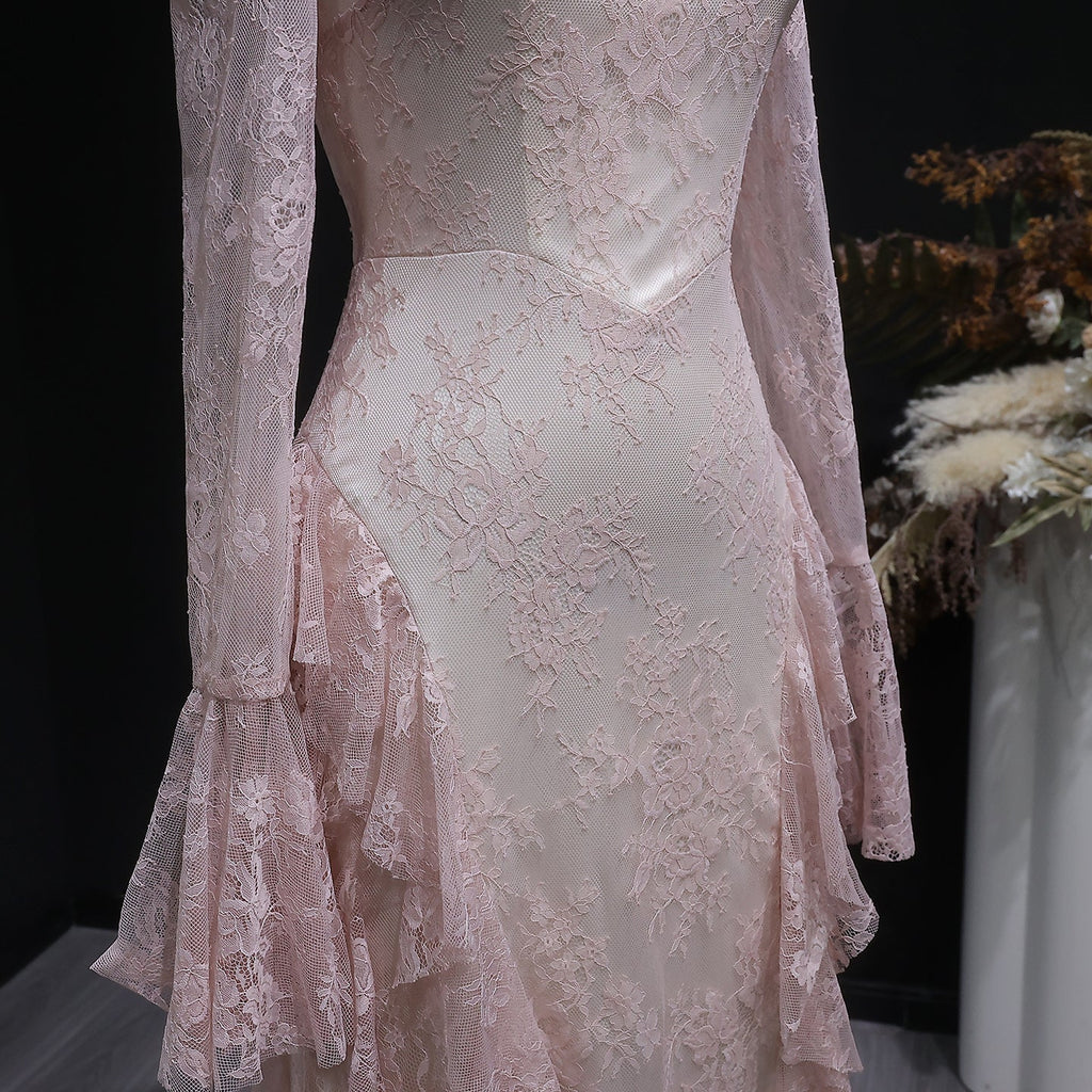Elegant Pink Lace Long Sleeve Evening Dress with Lacing SF065