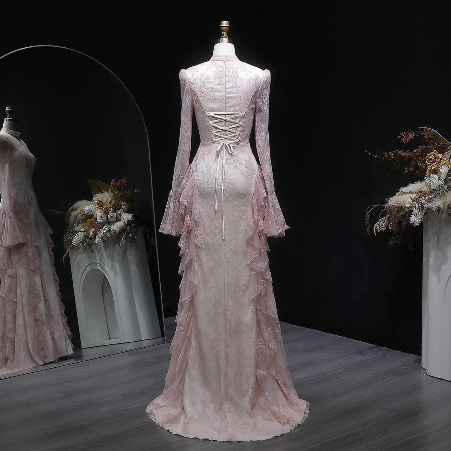 Elegant Pink Lace Long Sleeve Evening Dress with Lacing SF065