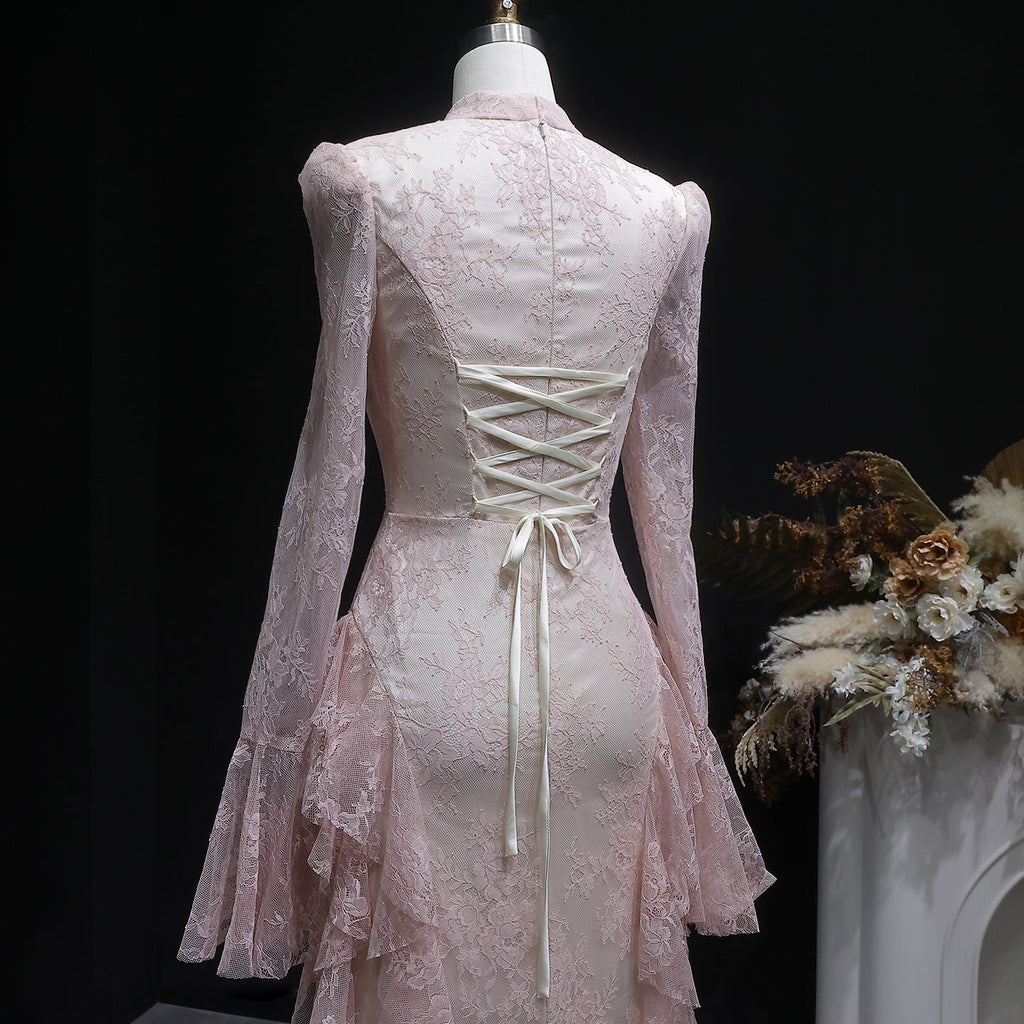 Elegant Pink Lace Long Sleeve Evening Dress with Lacing SF065