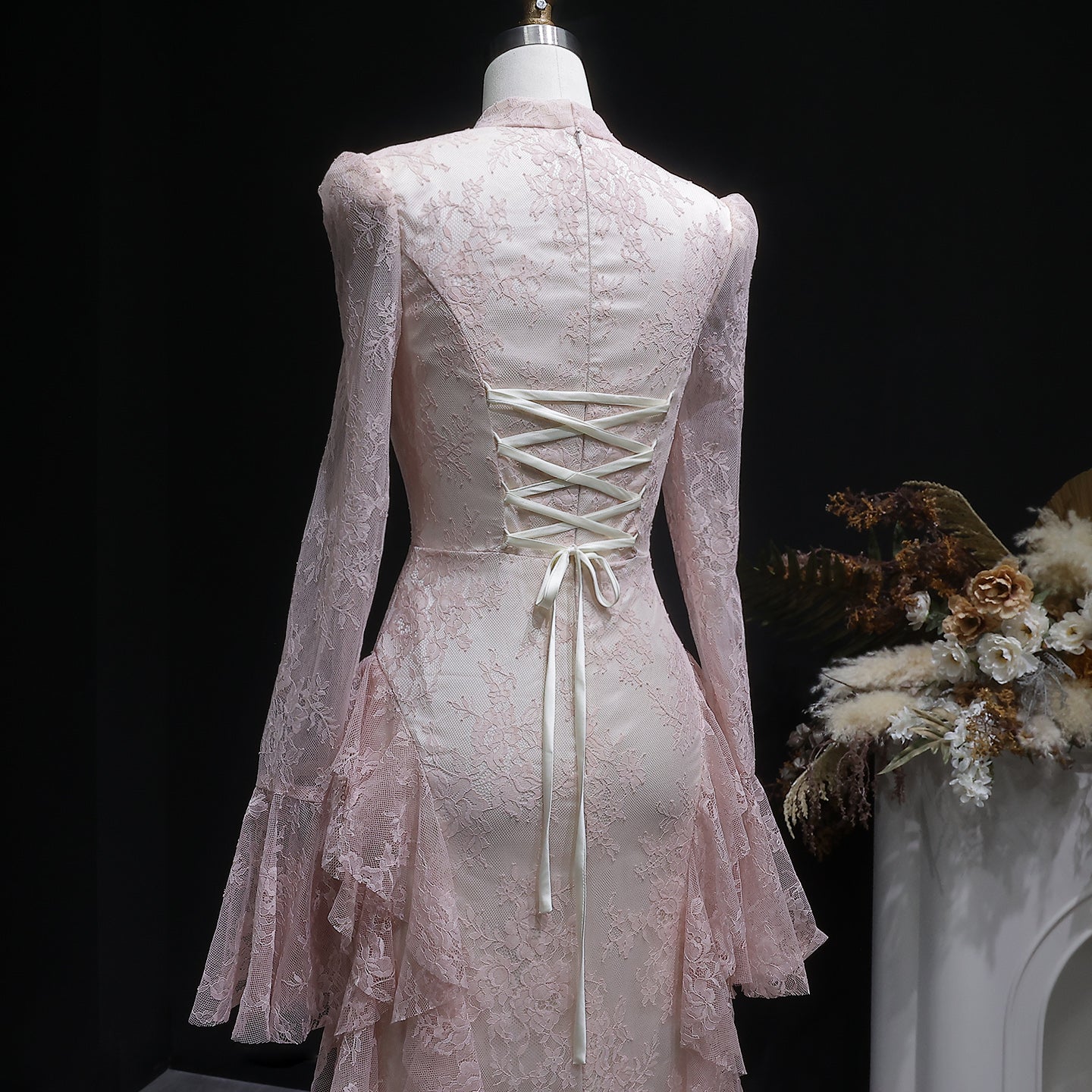 Elegant Pink Lace Long Sleeve Evening Dress with Lacing SF065