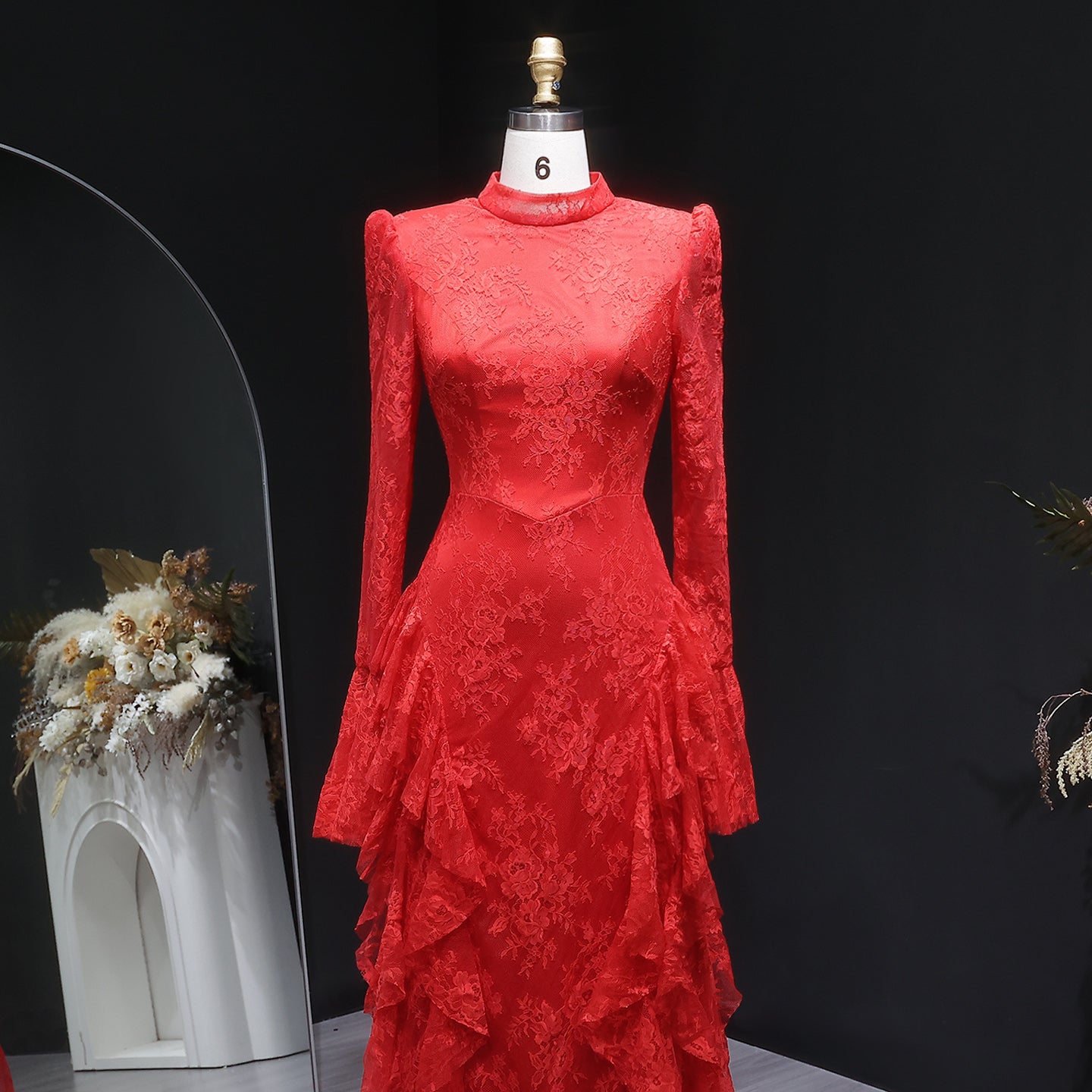 Elegant Pink Lace Long Sleeve Evening Dress with Lacing SF065