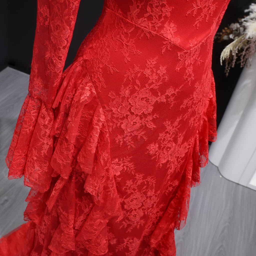 Elegant Pink Lace Long Sleeve Evening Dress with Lacing SF065