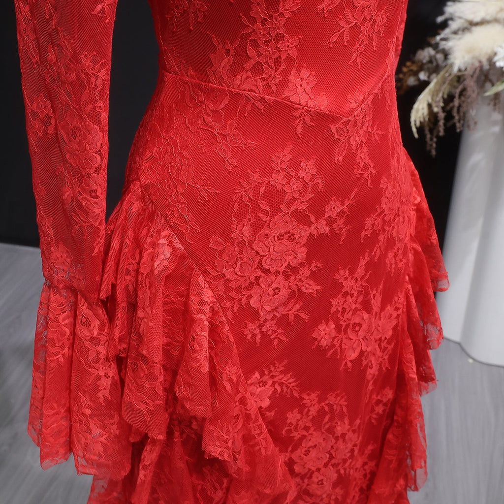 Elegant Pink Lace Long Sleeve Evening Dress with Lacing SF065