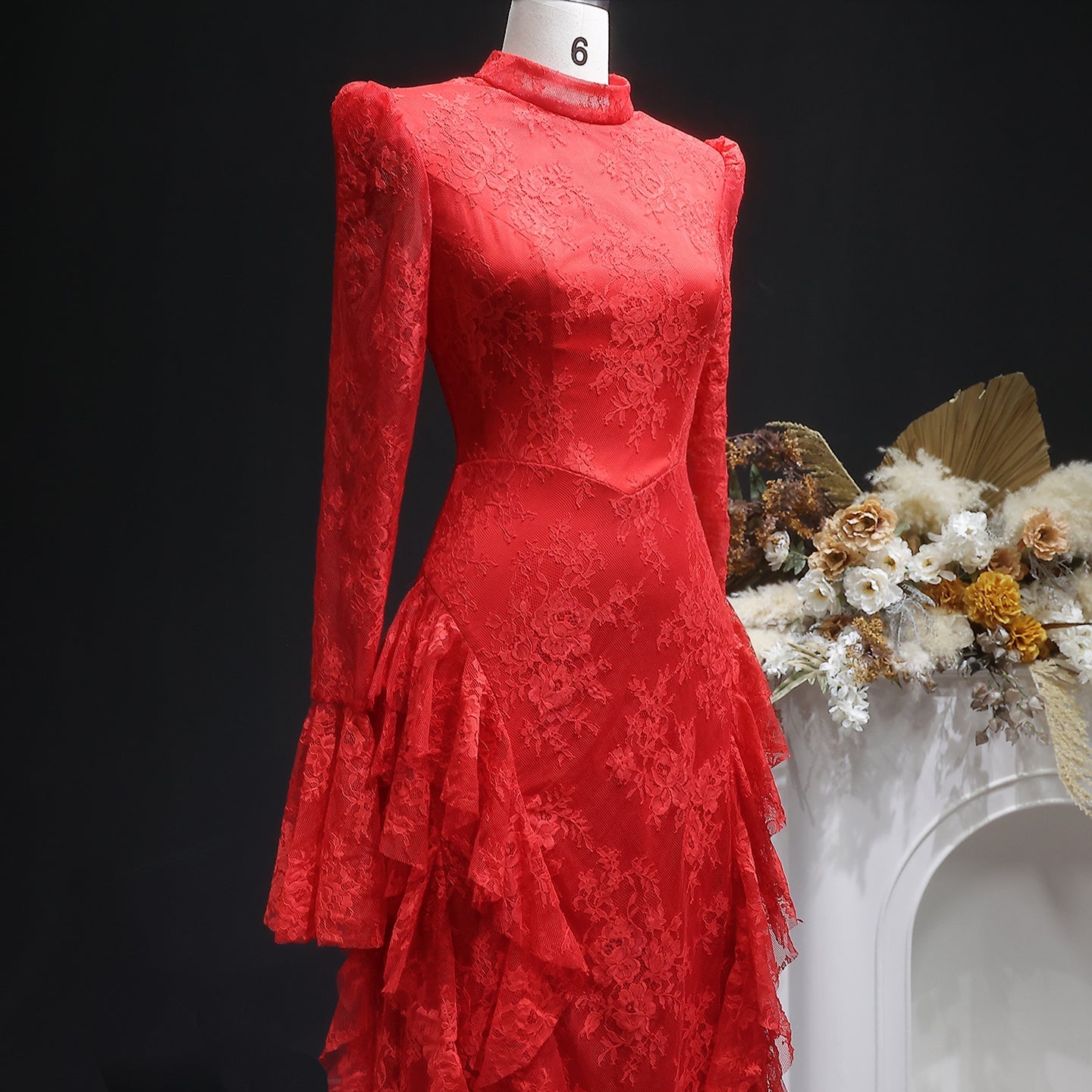 Elegant Pink Lace Long Sleeve Evening Dress with Lacing SF065
