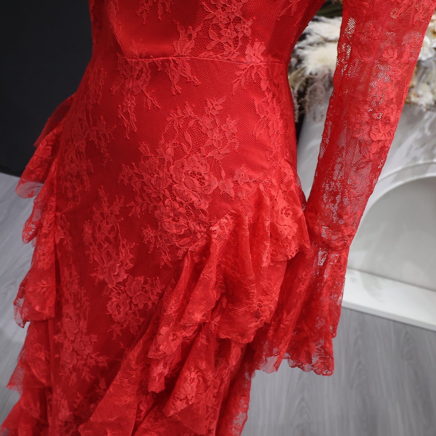 Elegant Pink Lace Long Sleeve Evening Dress with Lacing SF065