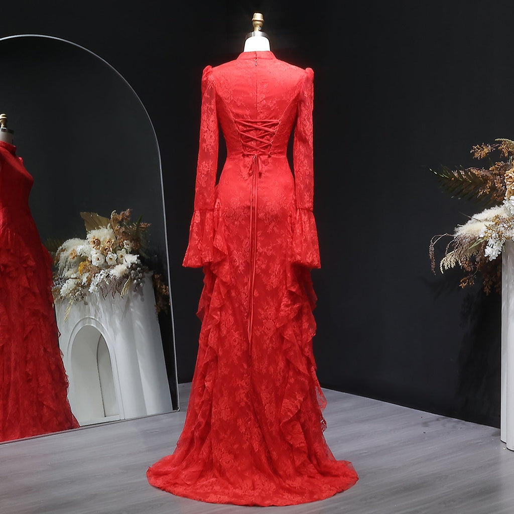 Elegant Pink Lace Long Sleeve Evening Dress with Lacing SF065