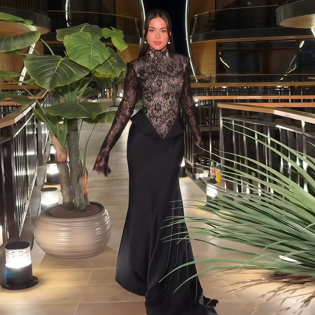 Elegant Black Crystal Lace Paneled Evening Dress SF072