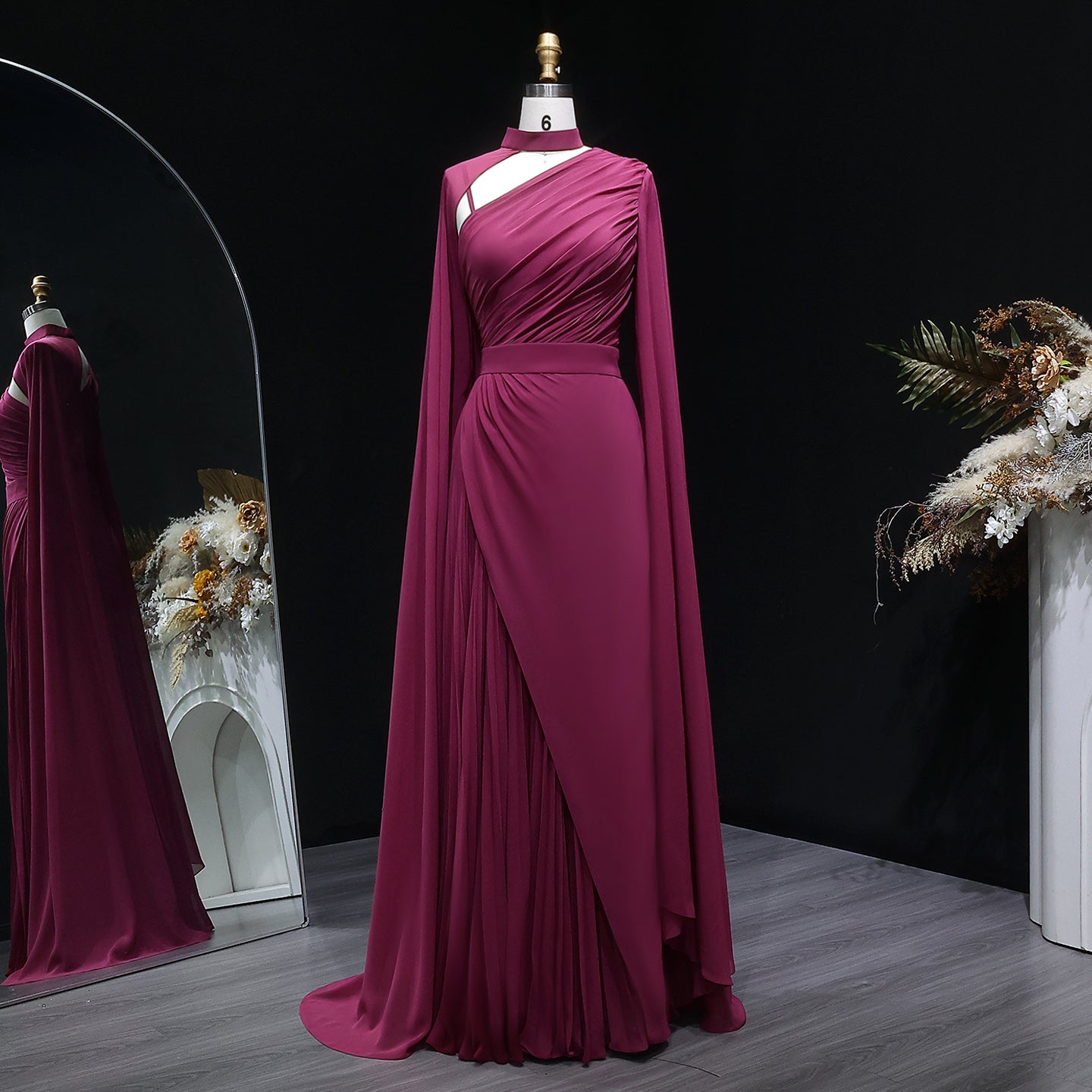 Elegant Purple Mermaid Evening Dress with cap and ruffles SF085