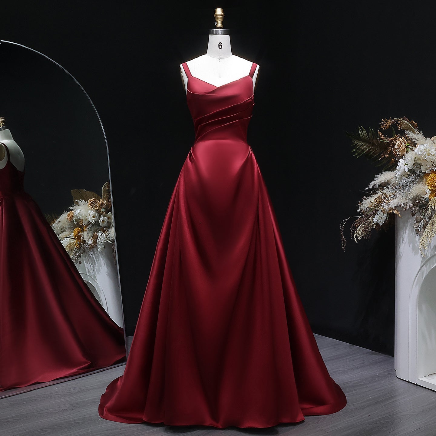 Luxury Wine Red Satin Ball Gown Evening Dress with Overskirt SF089