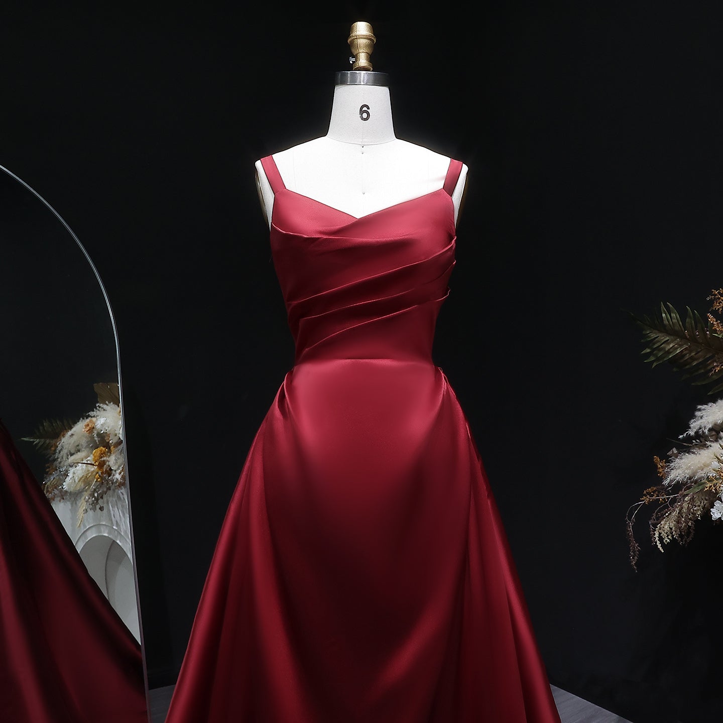 Luxury Wine Red Satin Ball Gown Evening Dress with Overskirt SF089