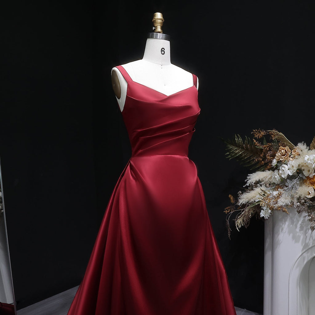 Luxury Wine Red Satin Ball Gown Evening Dress with Overskirt SF089
