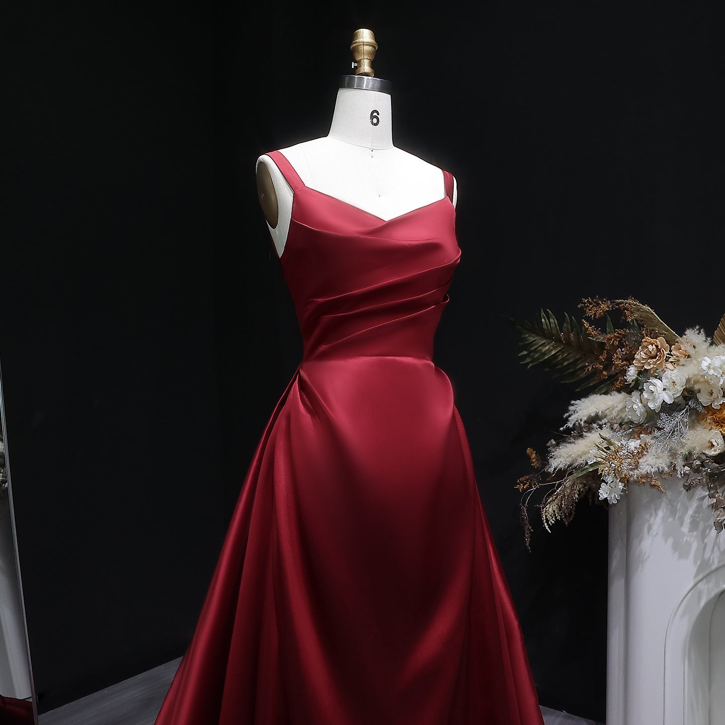 Luxury Wine Red Satin Ball Gown Evening Dress with Overskirt SF089