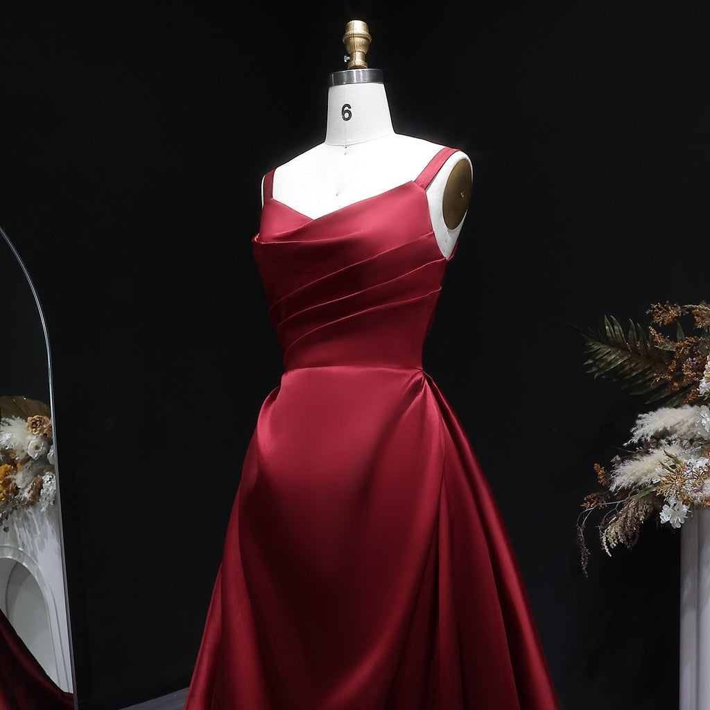 Luxury Wine Red Satin Ball Gown Evening Dress with Overskirt SF089