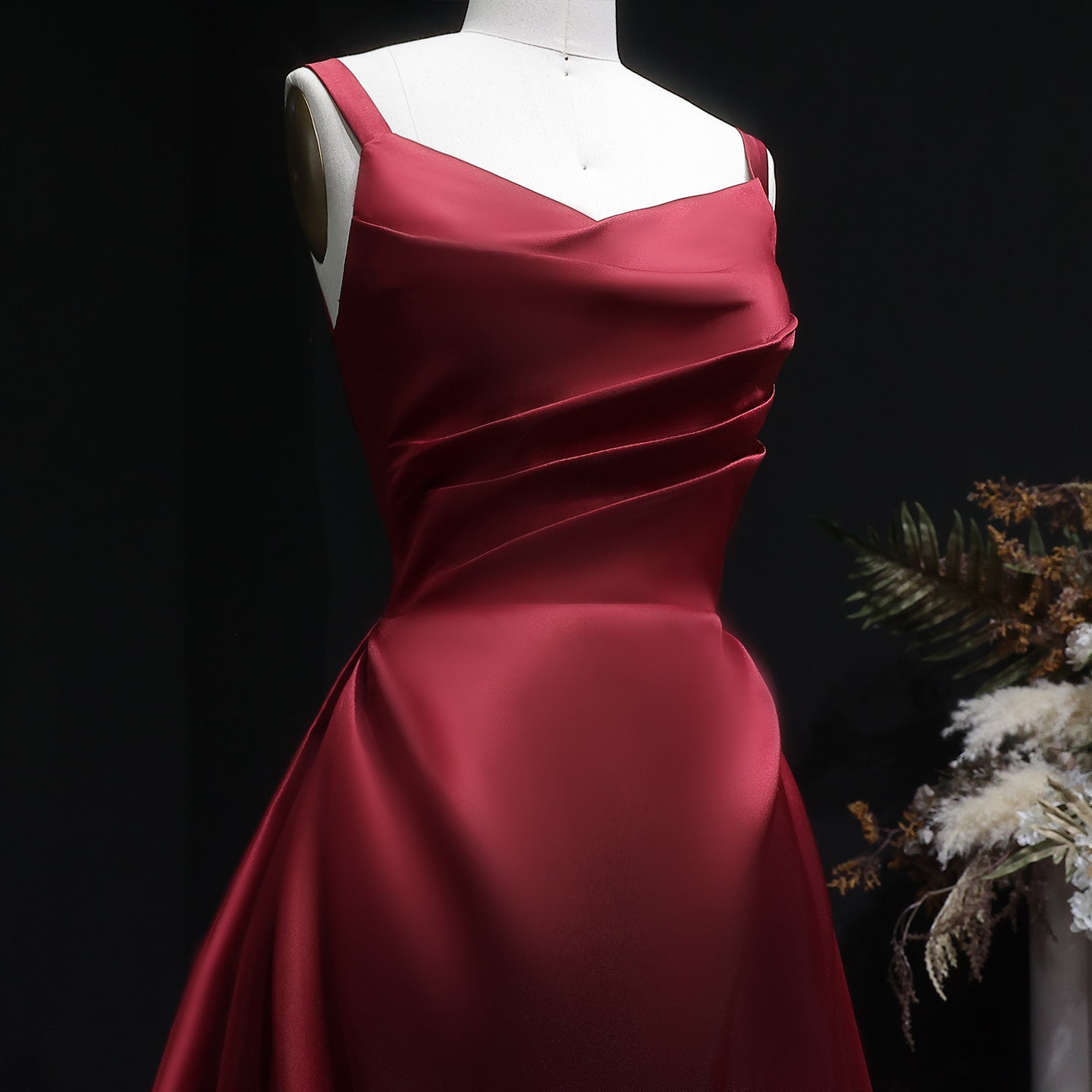 Luxury Wine Red Satin Ball Gown Evening Dress with Overskirt SF089
