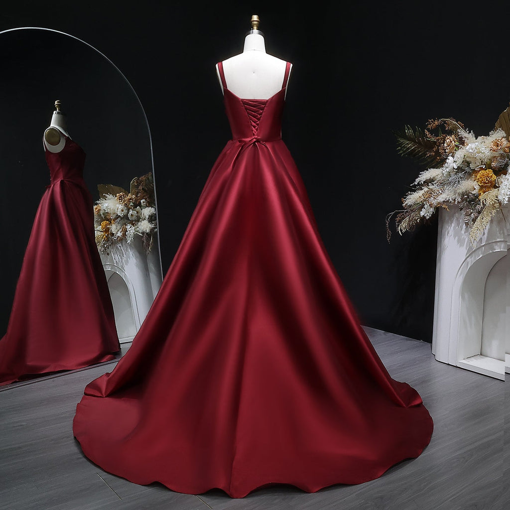 Luxury Wine Red Satin Ball Gown Evening Dress with Overskirt SF089