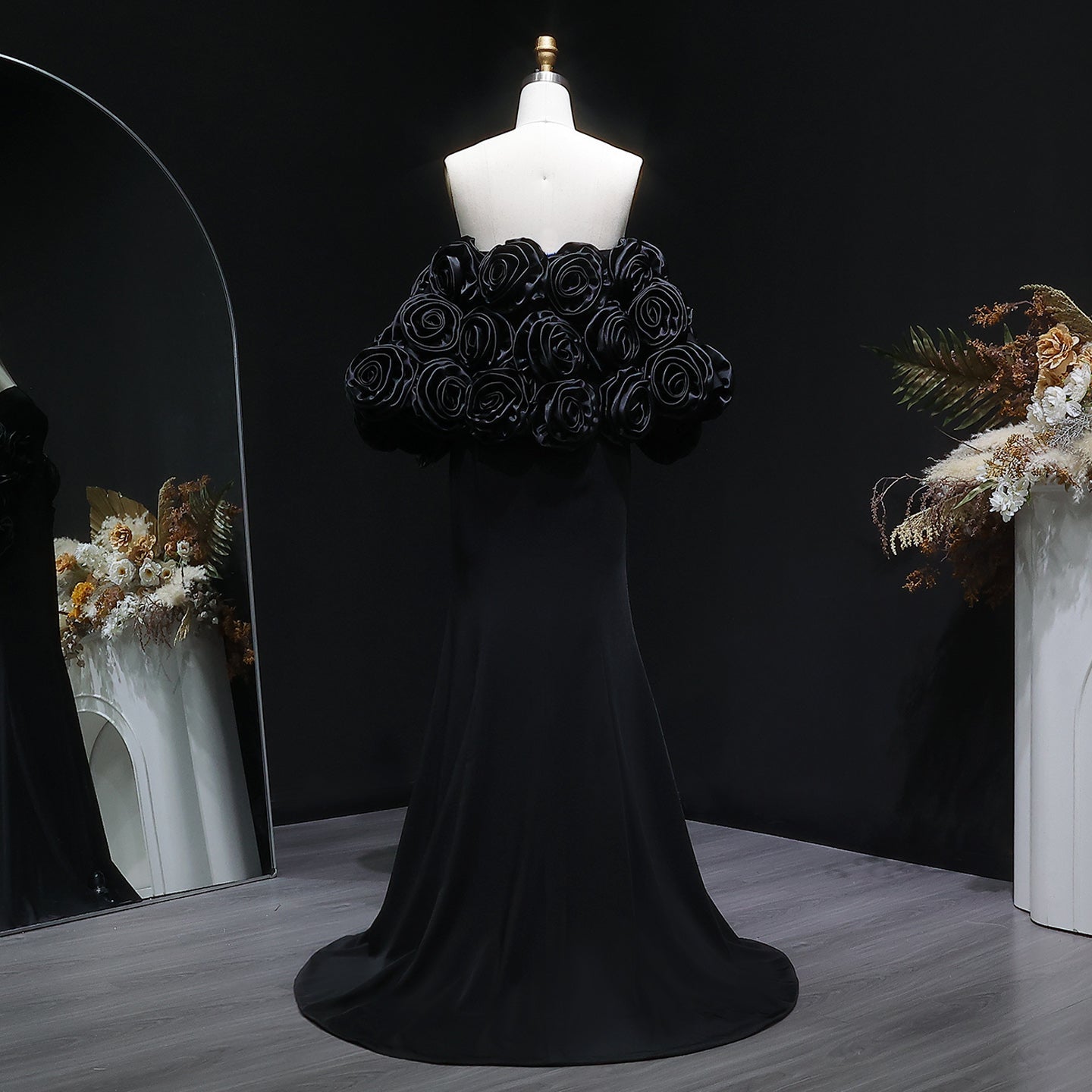 Elegant 3D Floral Black Mermaid Evening Dress SF115