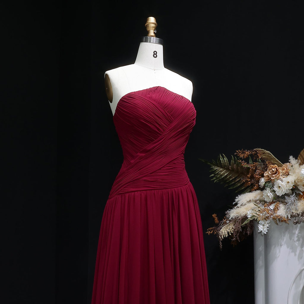 Elegant Red Chiffon A-Line Strapless Long Evening Dress with Slit SF141