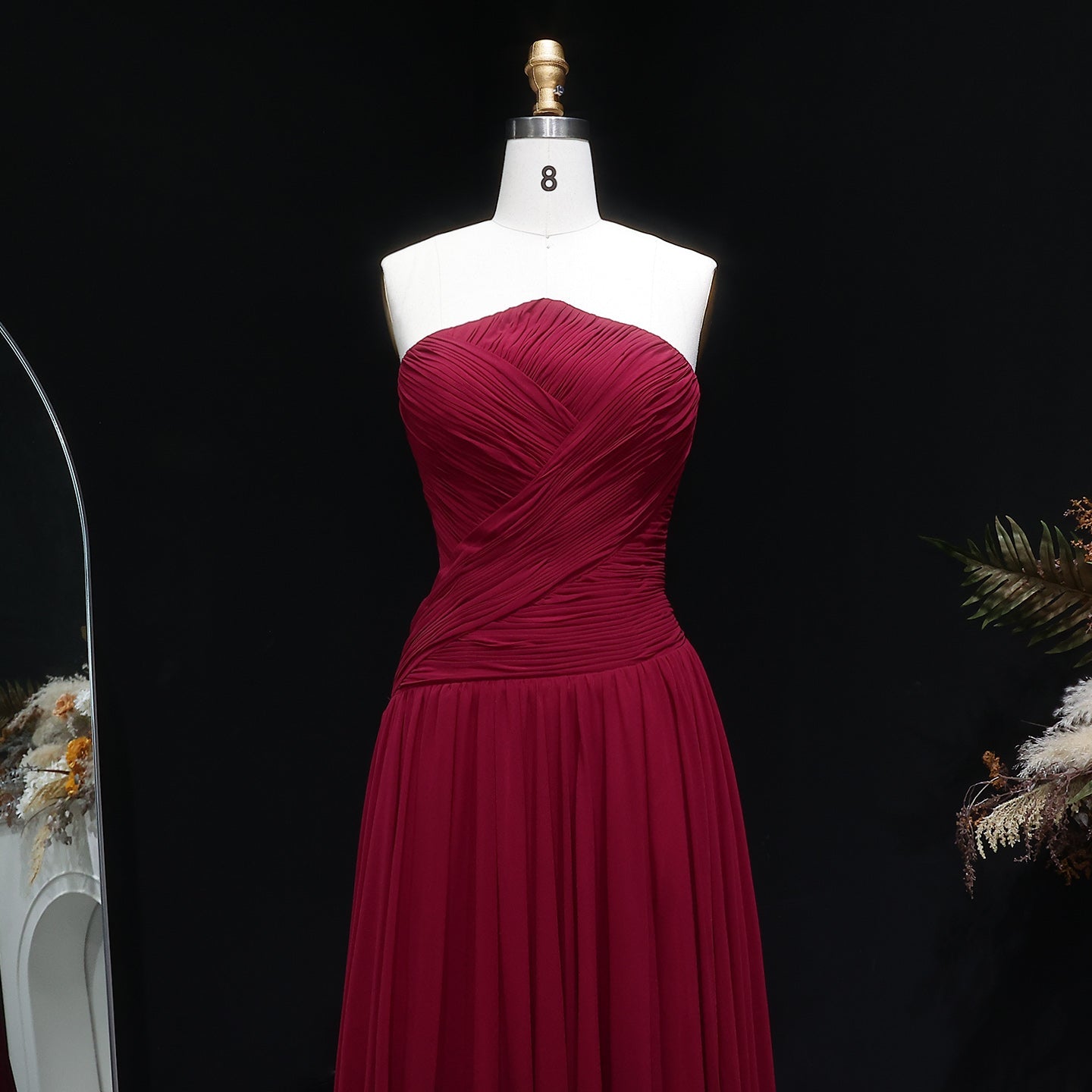 Elegant Red Chiffon A-Line Strapless Long Evening Dress with Slit SF141