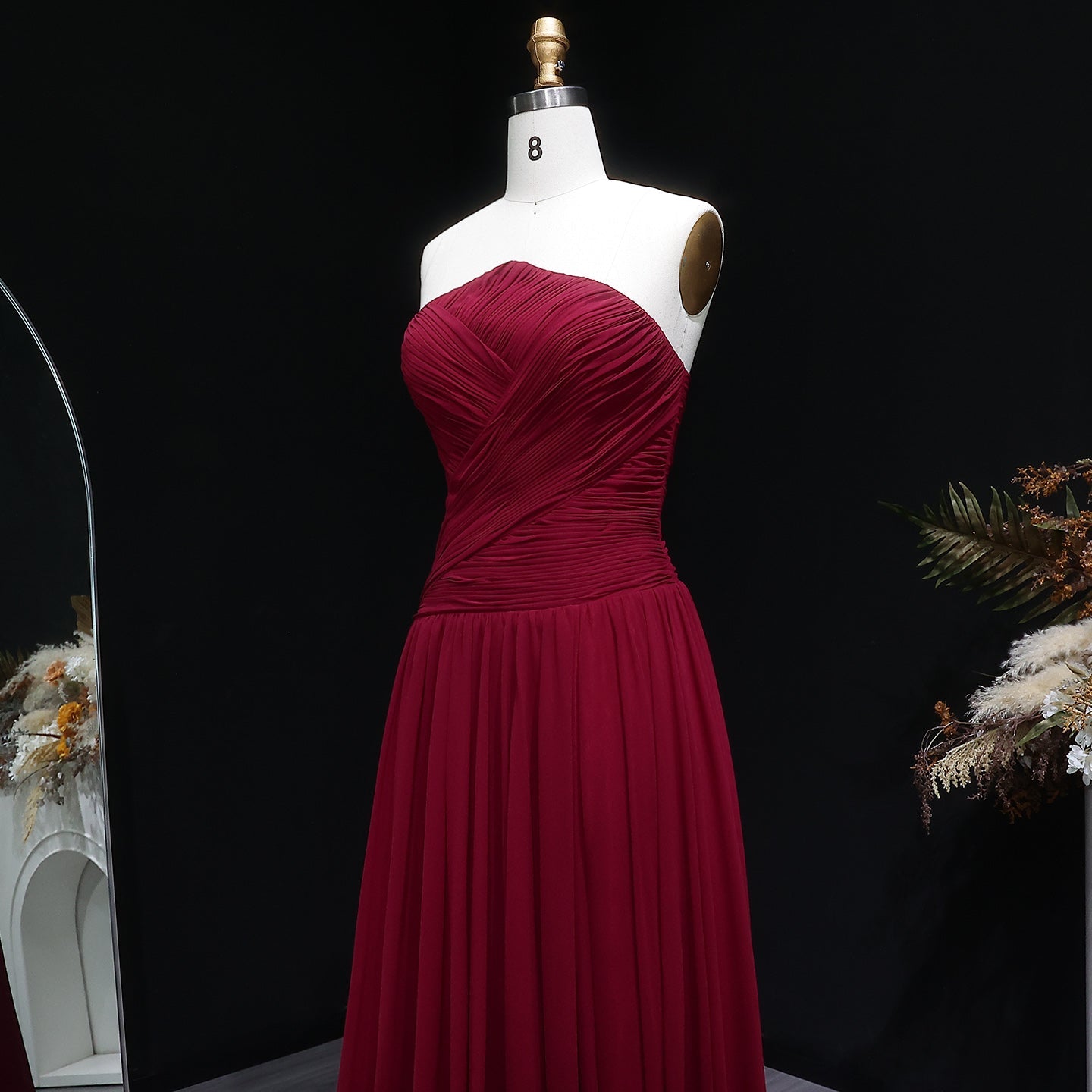 Elegant Red Chiffon A-Line Strapless Long Evening Dress with Slit SF141
