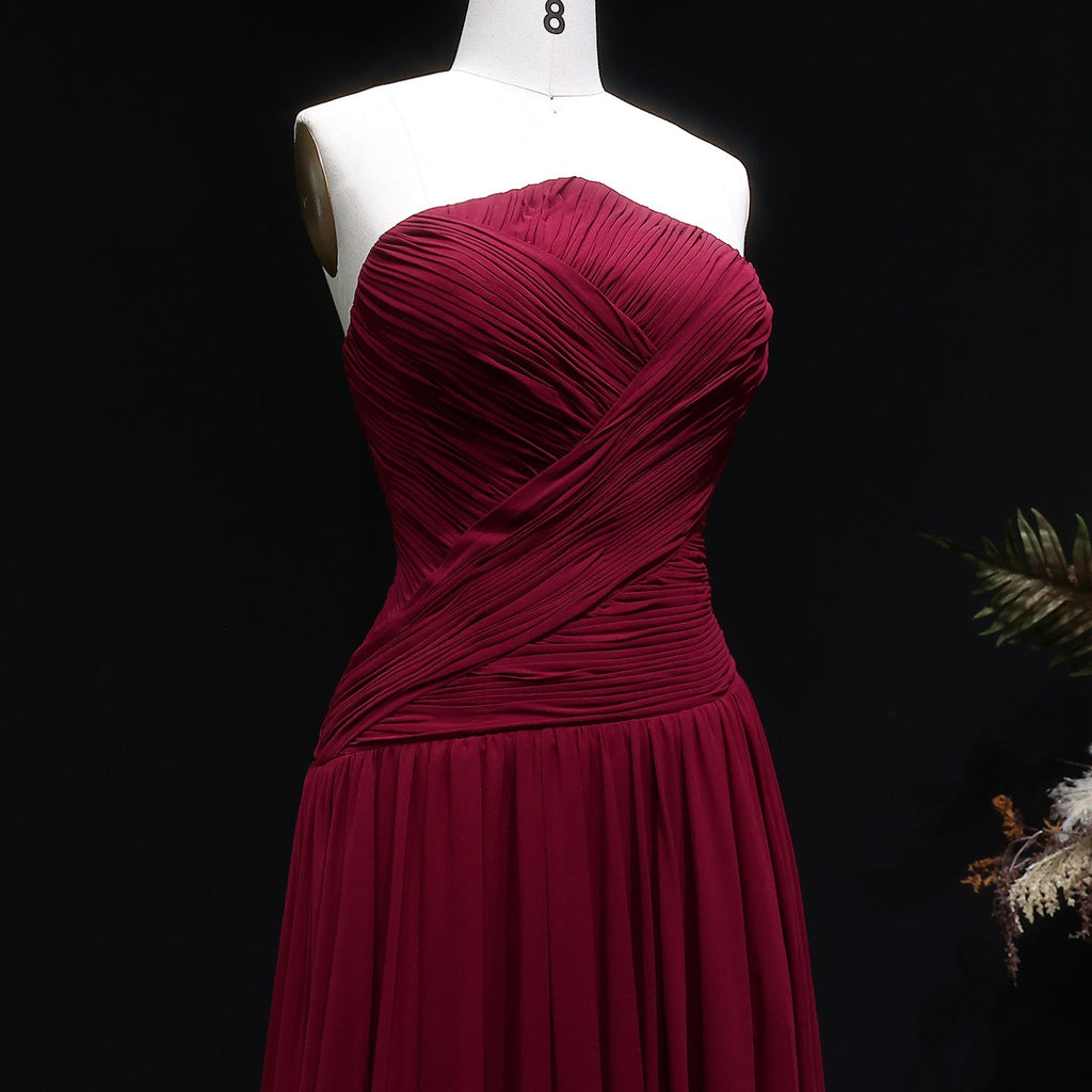 Elegant Red Chiffon A-Line Strapless Long Evening Dress with Slit SF141
