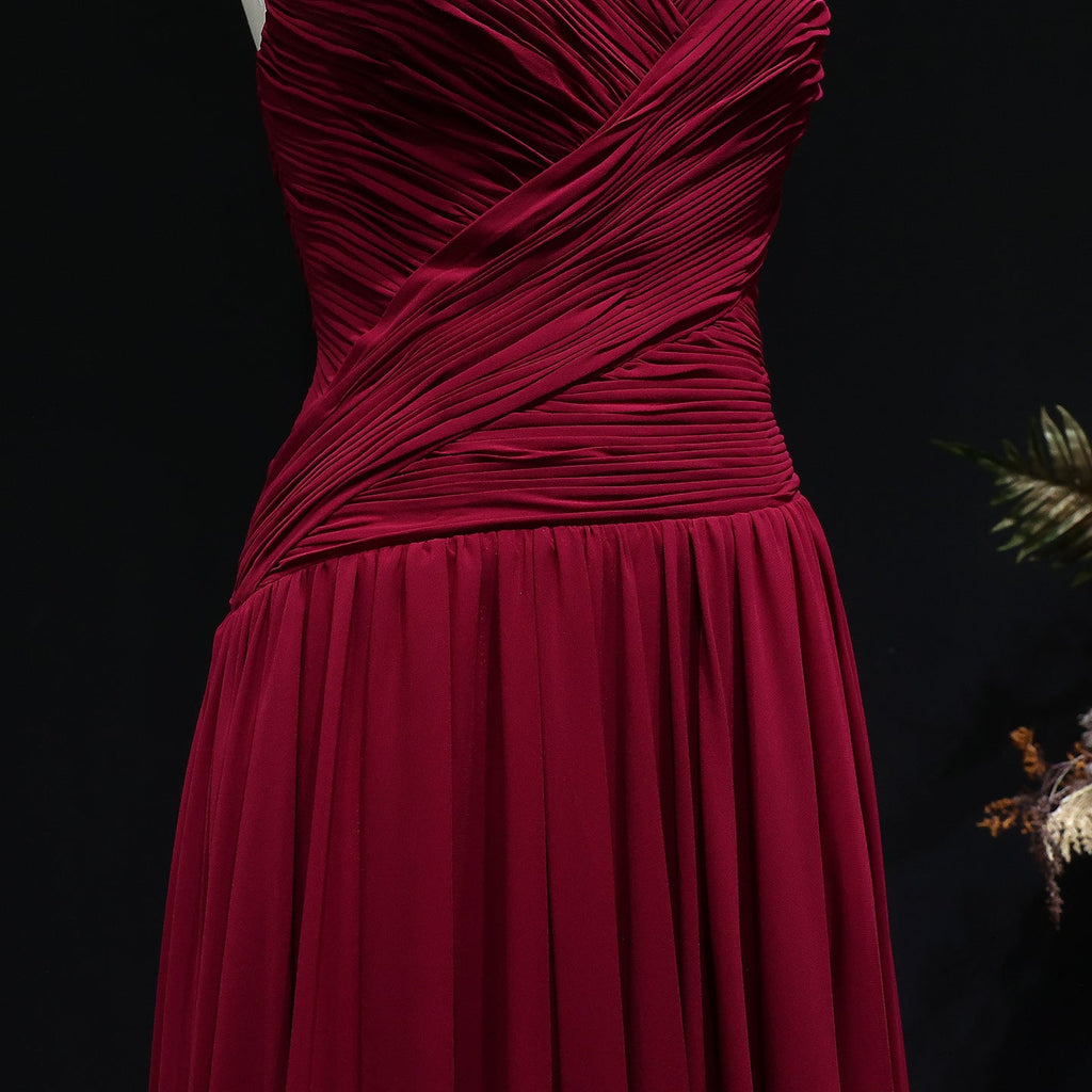 Elegant Red Chiffon A-Line Strapless Long Evening Dress with Slit SF141