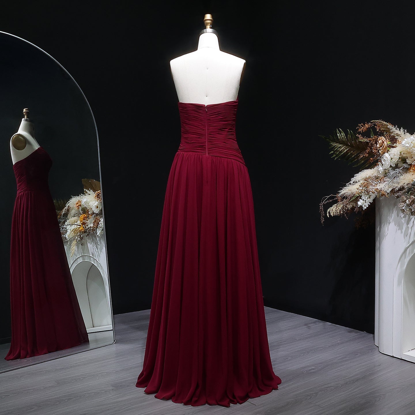 Elegant Red Chiffon A-Line Strapless Long Evening Dress with Slit SF141
