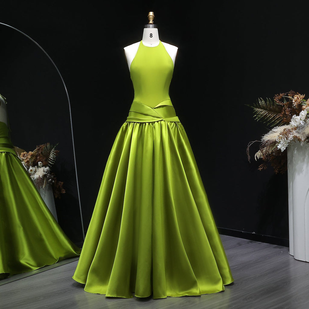 Luxury Olive Green Halter Neck Satin Ball Gown Evening Dress SF148