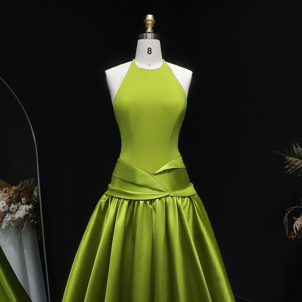 Luxury Olive Green Halter Neck Satin Ball Gown Evening Dress SF148