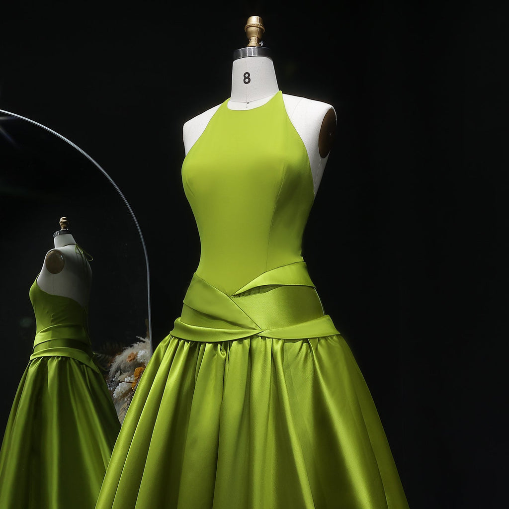 Luxury Olive Green Halter Neck Satin Ball Gown Evening Dress SF148