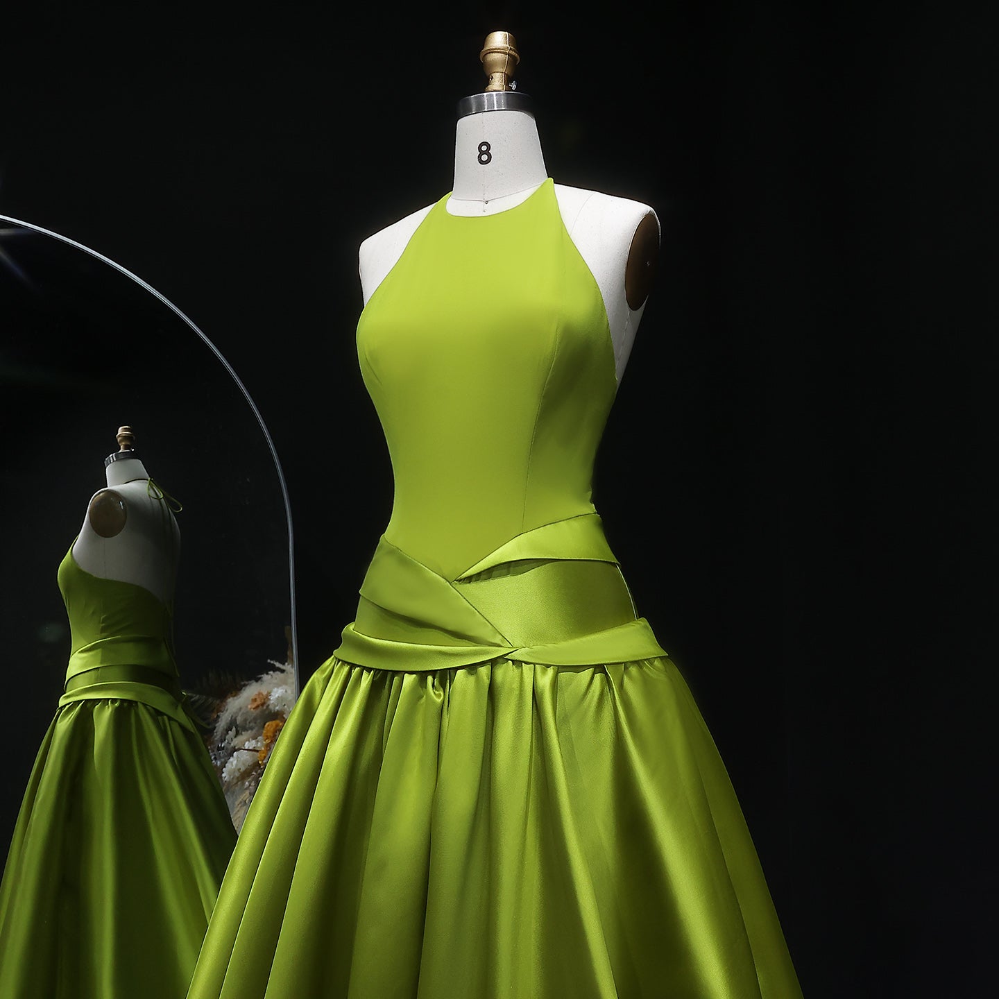 Luxury Olive Green Halter Neck Satin Ball Gown Evening Dress SF148