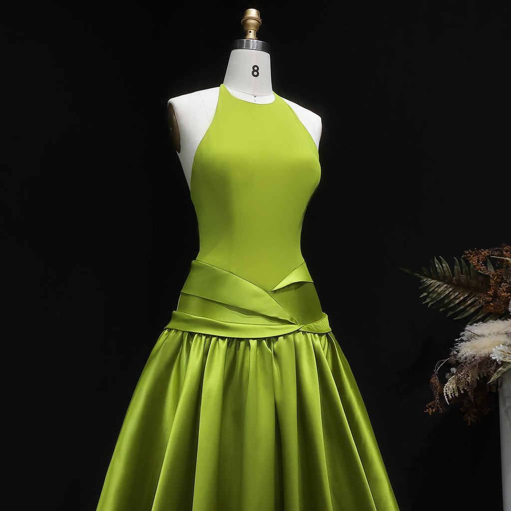 Luxury Olive Green Halter Neck Satin Ball Gown Evening Dress SF148