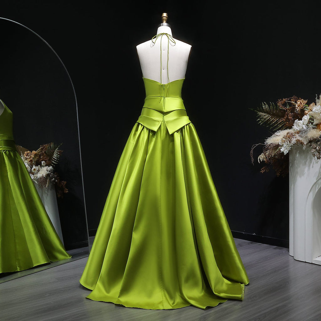 Luxury Olive Green Halter Neck Satin Ball Gown Evening Dress SF148