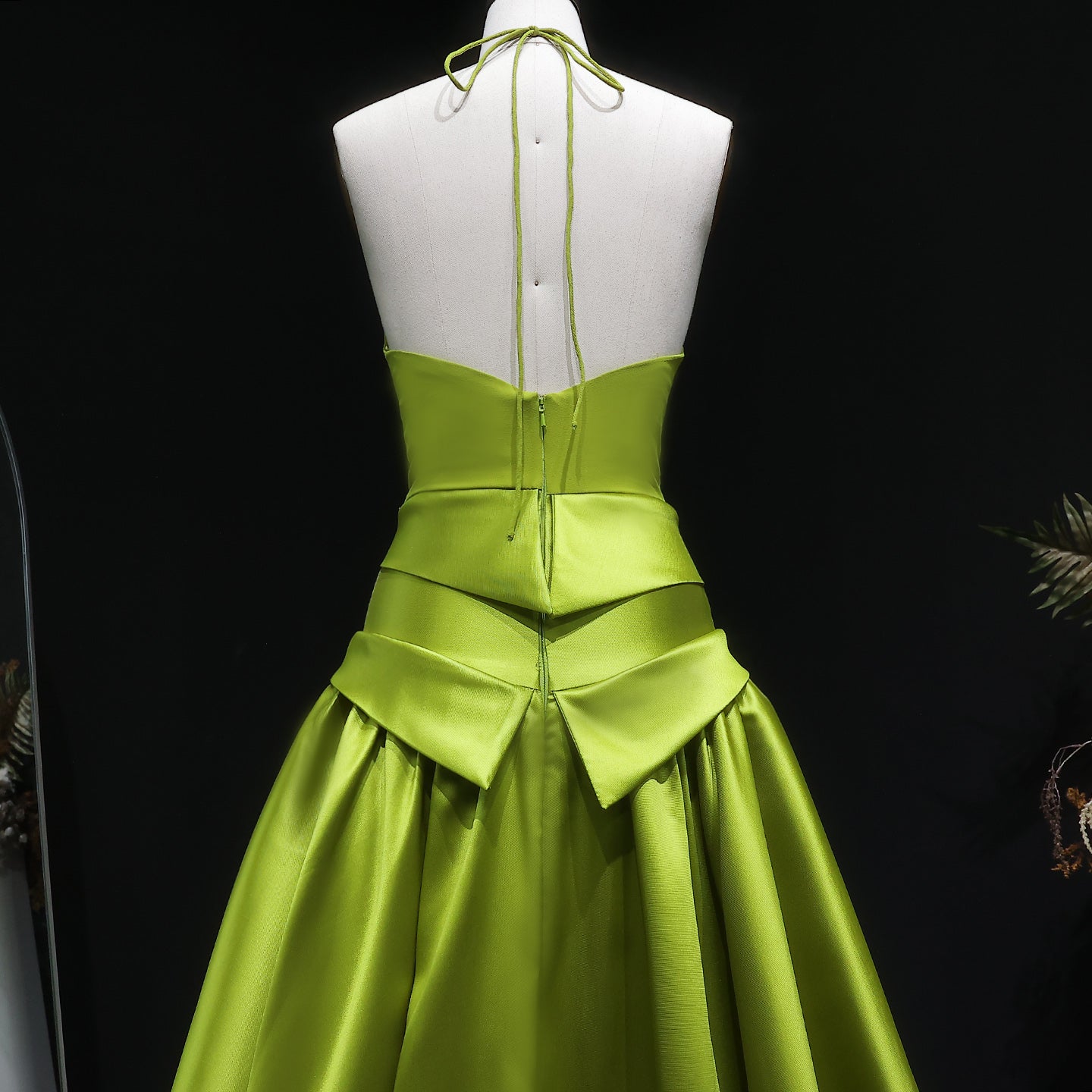 Luxury Olive Green Halter Neck Satin Ball Gown Evening Dress SF148