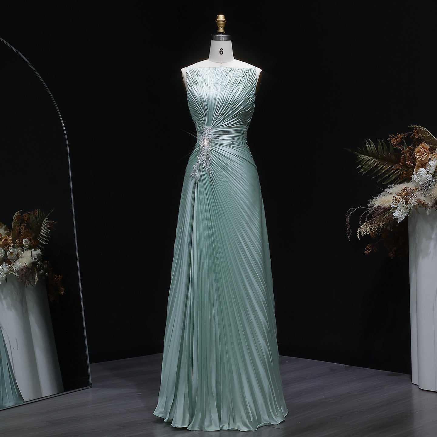 Vibrant Sleeveless Mint Green Pleated Sequins Evening Dress SF203