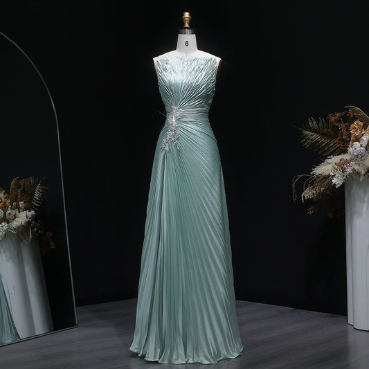 Vibrant Sleeveless Mint Green Pleated Sequins Evening Dress SF203