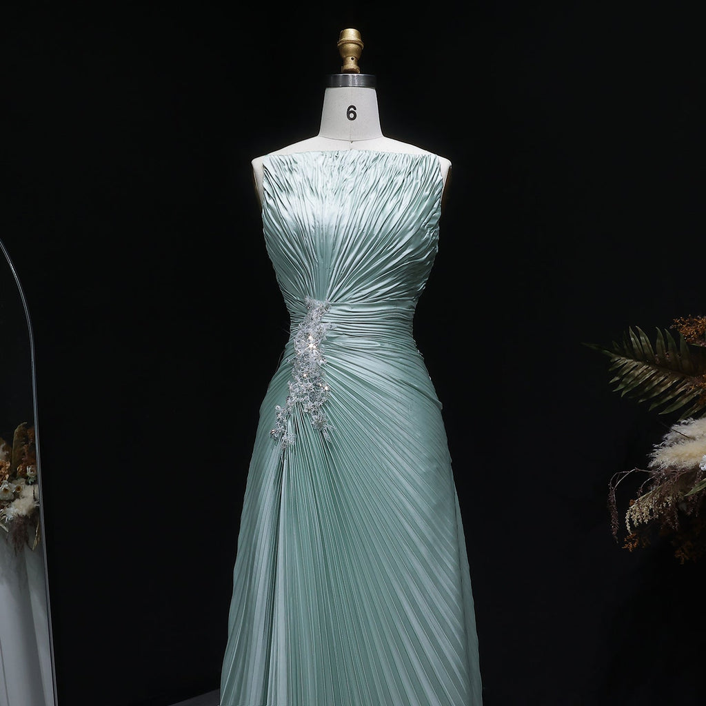 Vibrant Sleeveless Mint Green Pleated Sequins Evening Dress SF203