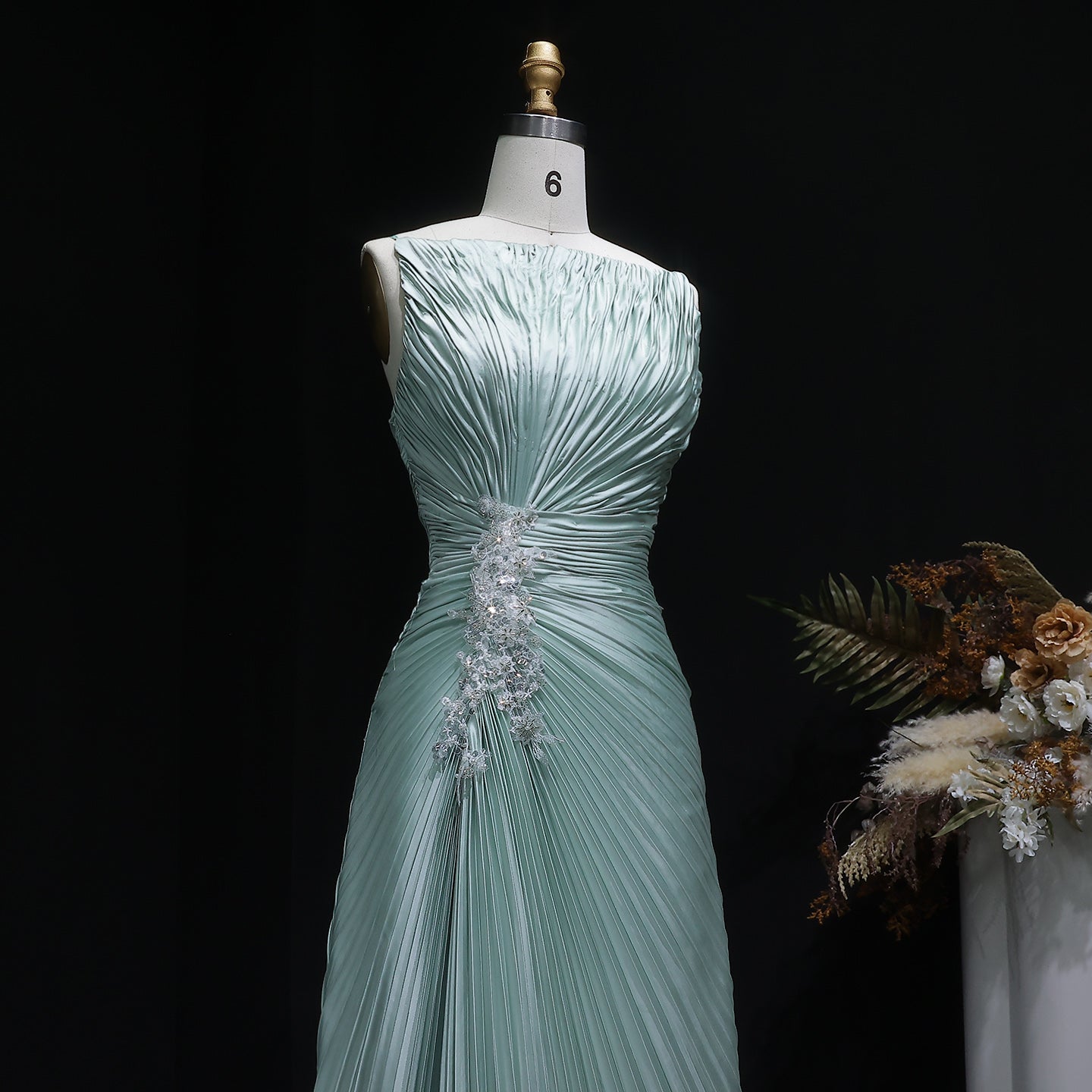 Vibrant Sleeveless Mint Green Pleated Sequins Evening Dress SF203