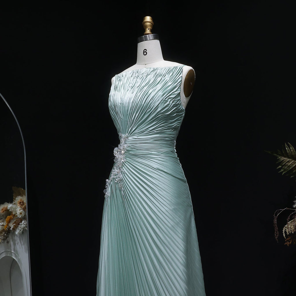 Vibrant Sleeveless Mint Green Pleated Sequins Evening Dress SF203