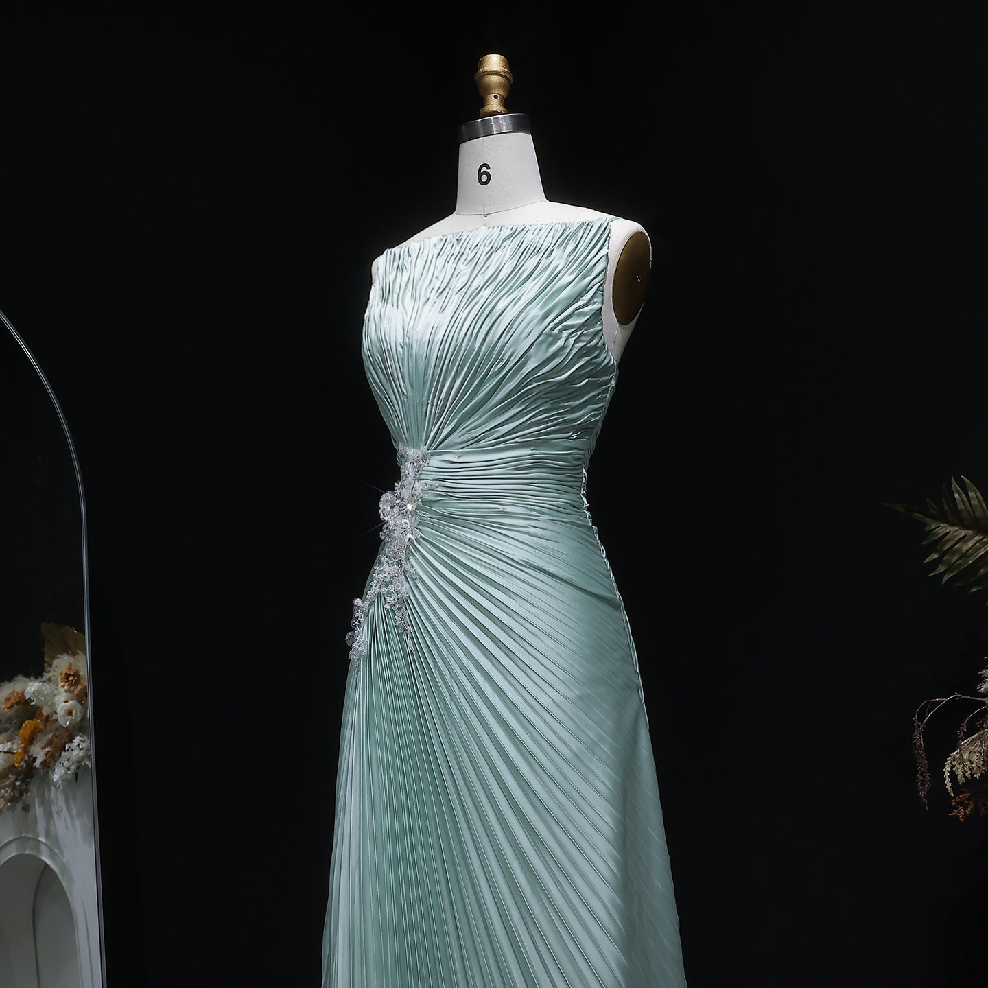 Vibrant Sleeveless Mint Green Pleated Sequins Evening Dress SF203