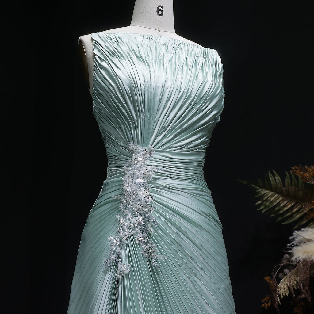 Vibrant Sleeveless Mint Green Pleated Sequins Evening Dress SF203