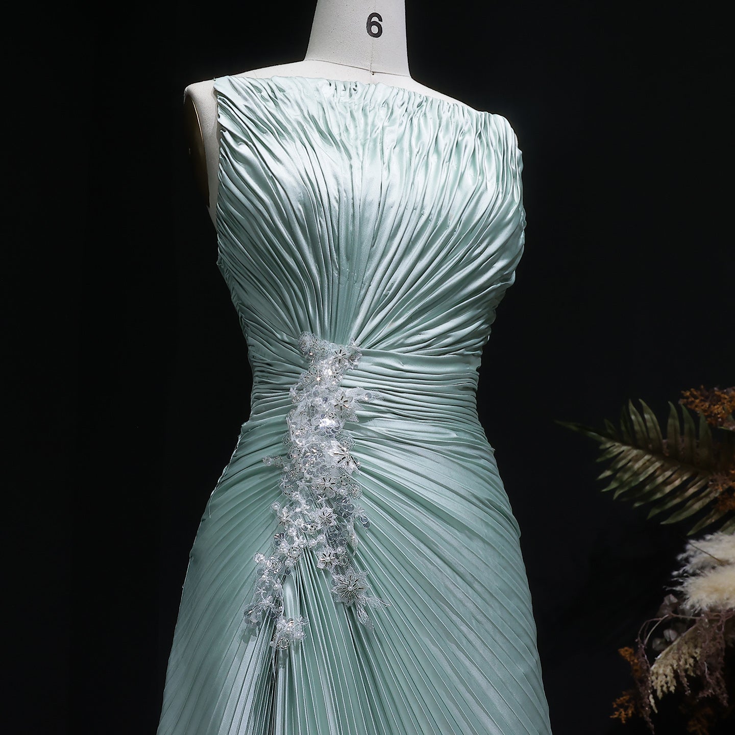 Vibrant Sleeveless Mint Green Pleated Sequins Evening Dress SF203