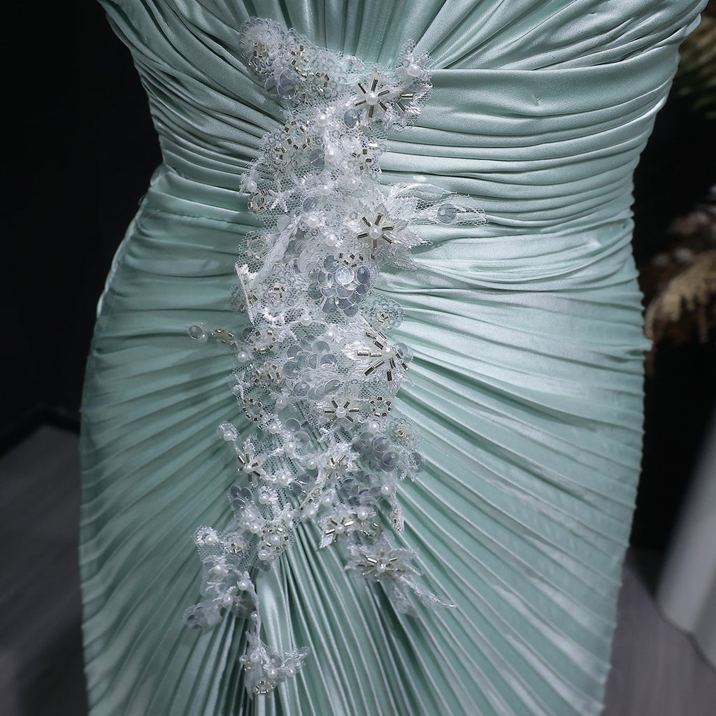 Vibrant Sleeveless Mint Green Pleated Sequins Evening Dress SF203
