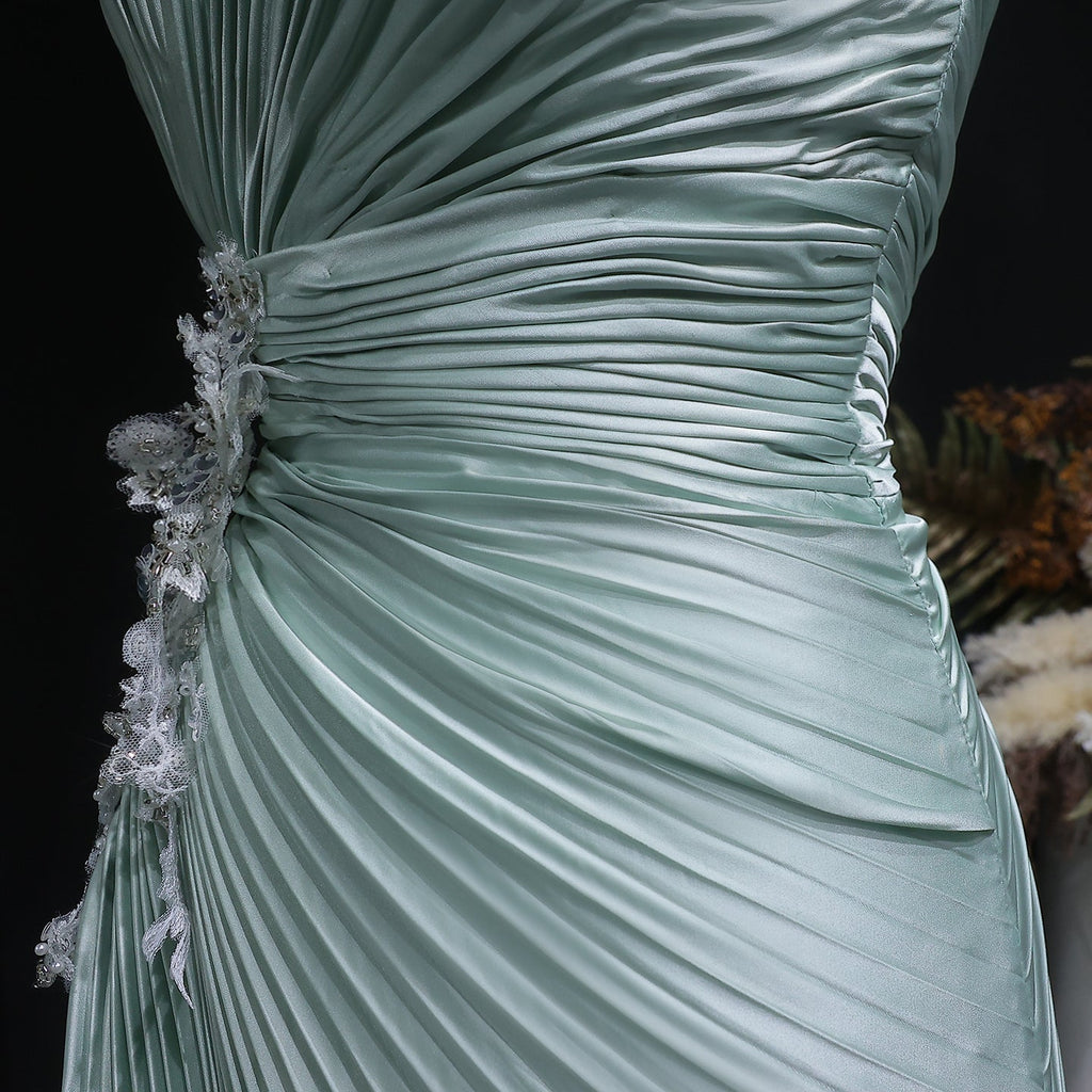 Vibrant Sleeveless Mint Green Pleated Sequins Evening Dress SF203