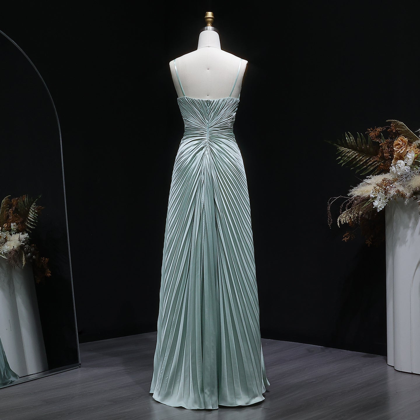 Vibrant Sleeveless Mint Green Pleated Sequins Evening Dress SF203