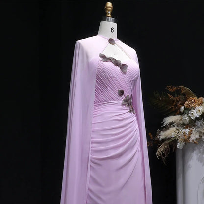 Romantic Pink Evening Dress with Cape Overlay and Sparkling Floral Appliqués SF223