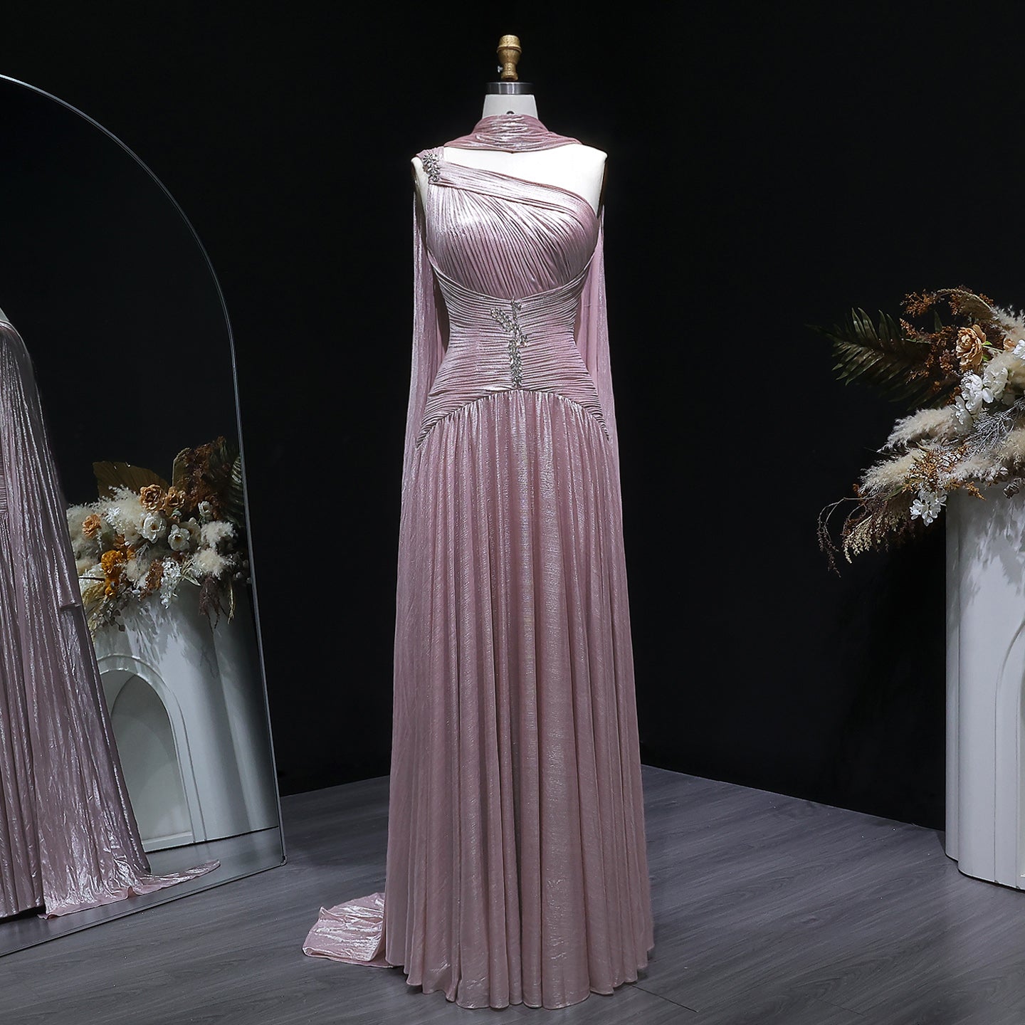 Pink One-Shoulder Sheer Waist-Fitted Elegant Evening Dress SF235