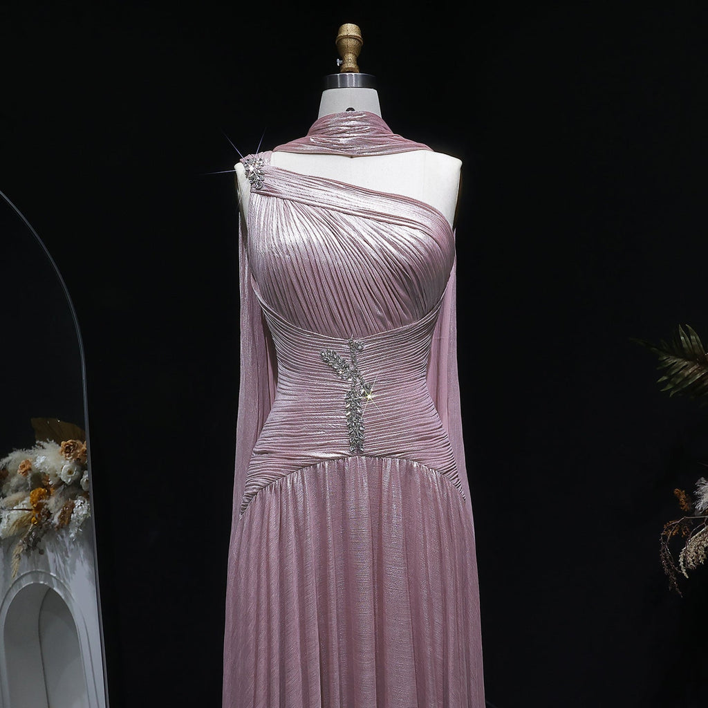 Pink One-Shoulder Sheer Waist-Fitted Elegant Evening Dress SF235