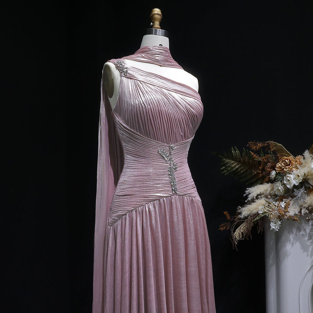 Pink One-Shoulder Sheer Waist-Fitted Elegant Evening Dress SF235