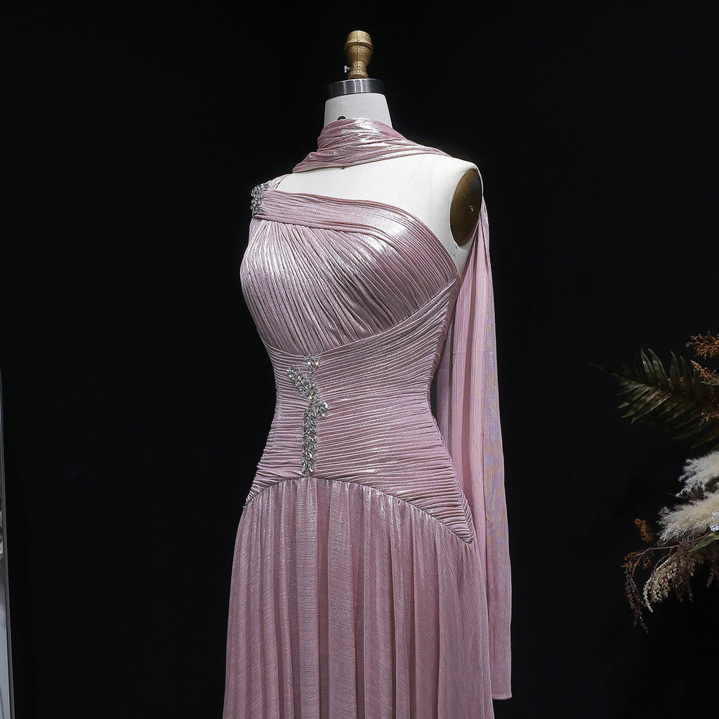 Pink One-Shoulder Sheer Waist-Fitted Elegant Evening Dress SF235